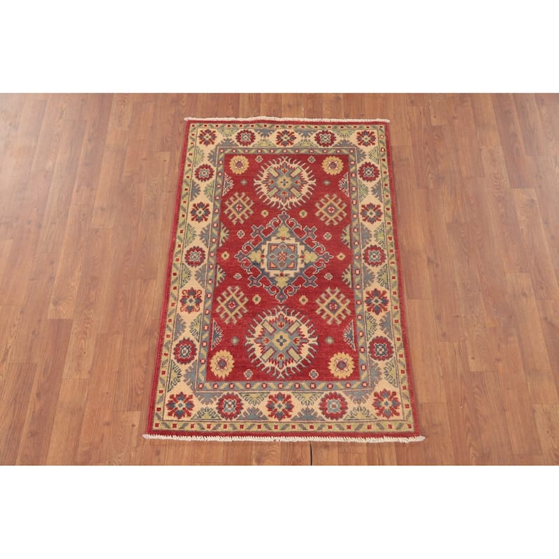 Geometric Red Kazak Oriental Foyer Rug Hand-Knotted Wool Carpet - 2'7" x 4'1"