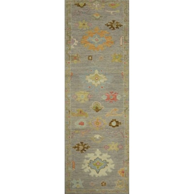 Vegetable Dye Gray Oushak Turkish Runner Rug, Floral Geometric Carpet - 9' 11'' X 2' 7''