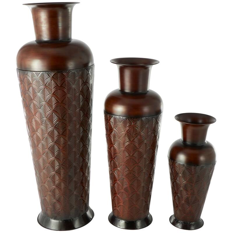 Dark Brown Metal Tall Vase with Geometric Designs (Set of 3)