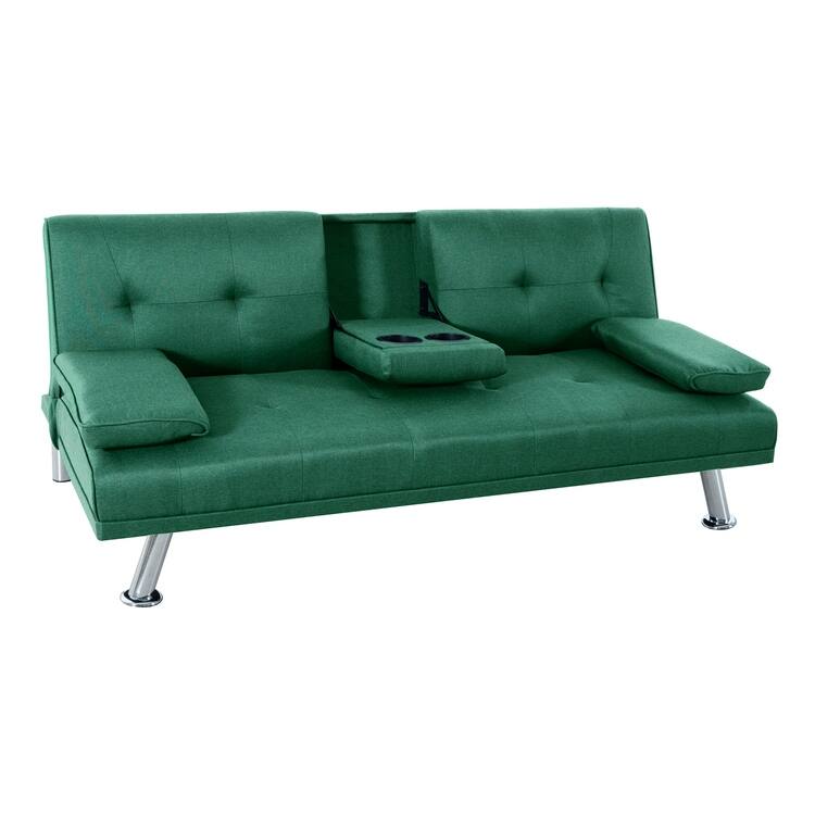 Futon Sofa Bed Couch with Armrest & Cupholders, Faux Leather Sofa Bed Couch Convertible Folding Reclining Small Couch