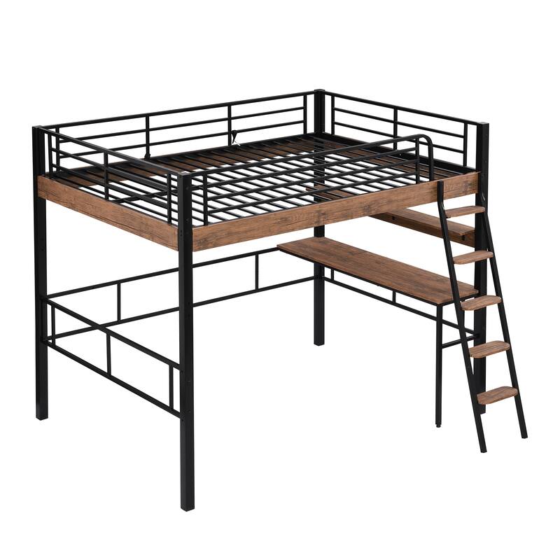 Full Size Metal Loft Bed with Built-in Desk and Storage Shelf, Black