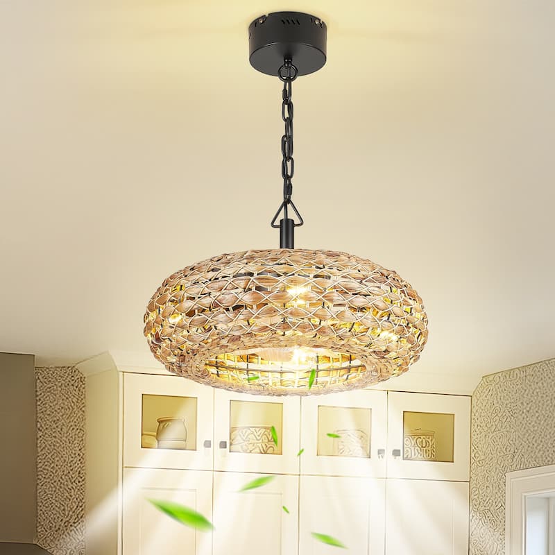 20 in. Indoor Rattan 100-240 V Flush Mount Farmhouse Rattan Cage Ceiling Fan with Light - 19.7 Inches