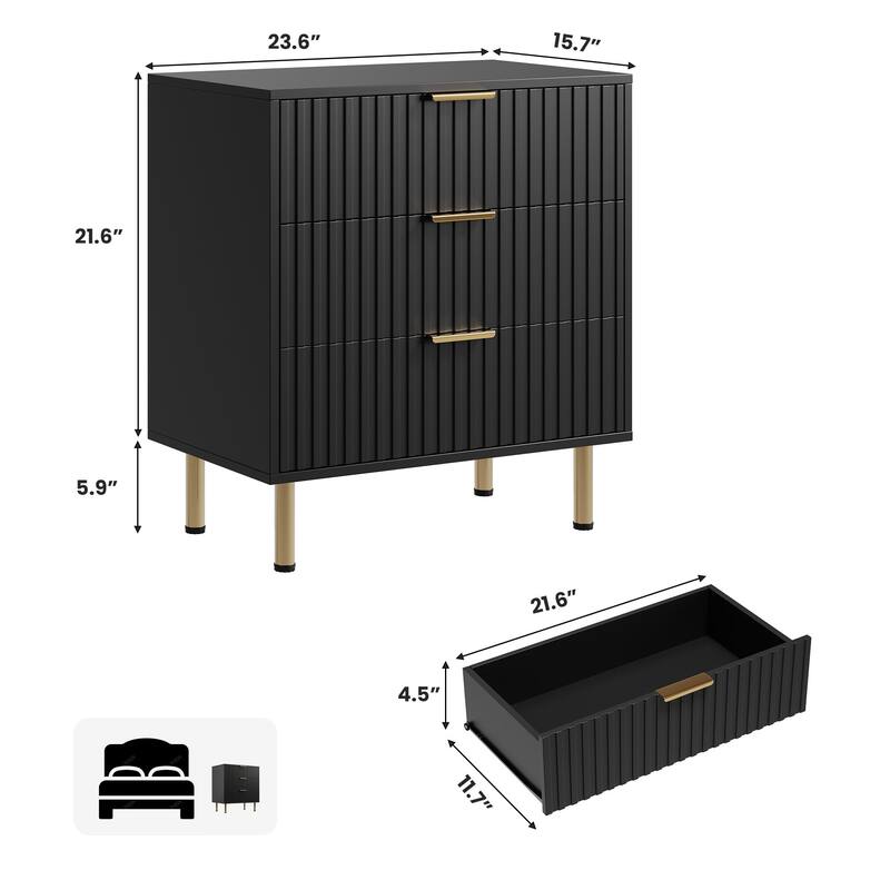 Fluted 3 Drawer Dresser for Bedroom, Modern Wooden Chest with Deep Drawers and Wide Top