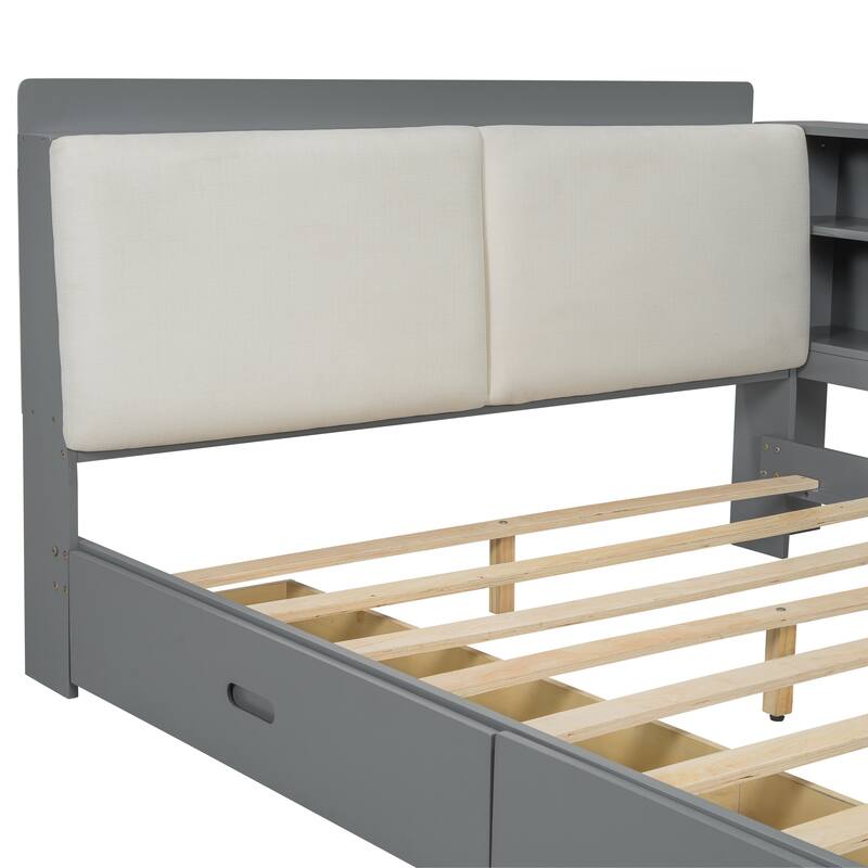 Solid Wood Platform Bed Frame with Bookshelves and 2 Drawers, Upholstered Headboard with Storage