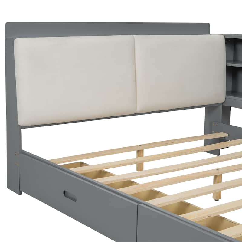 Wood Full Size Modern Platform Bed w/Flip Storage Upholstered Headboard, Shelves & 2 Drawers, Low-Profile Daybed Bed for Bedroom