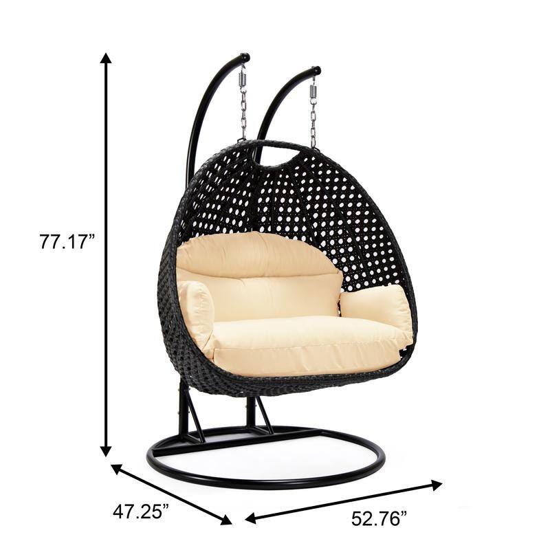 Double Egg Chair - Charcoal Wicker Swing with Breathable Cushions - 2-Person Outdoor Hammock with Rust-Resistant Iron Frame