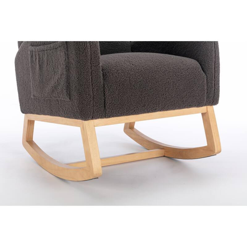 Glider Rocking Chair with Wing Back, Teddy Leisure Chair with Wood Legs, Upholstered Rocker Chair with Side Pocket