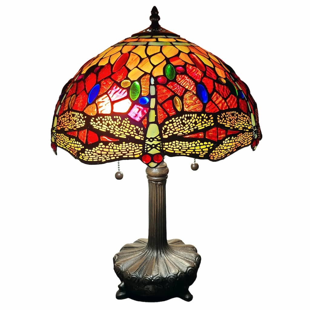 Dark Brown Metal Table Lamp with Multi Stained Glass Shade Dual Pull Chain - 11” x 19” x 22” (D x W x H)