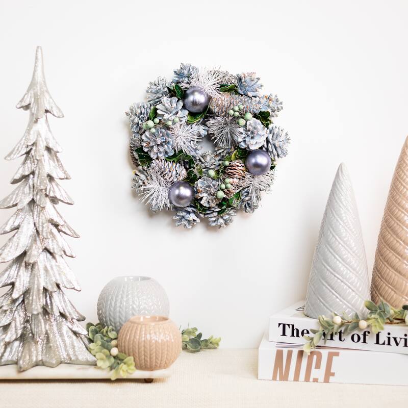Pinecones, Ornaments and Pine Needles Christmas Wreath - 10" - Blue - Unlit