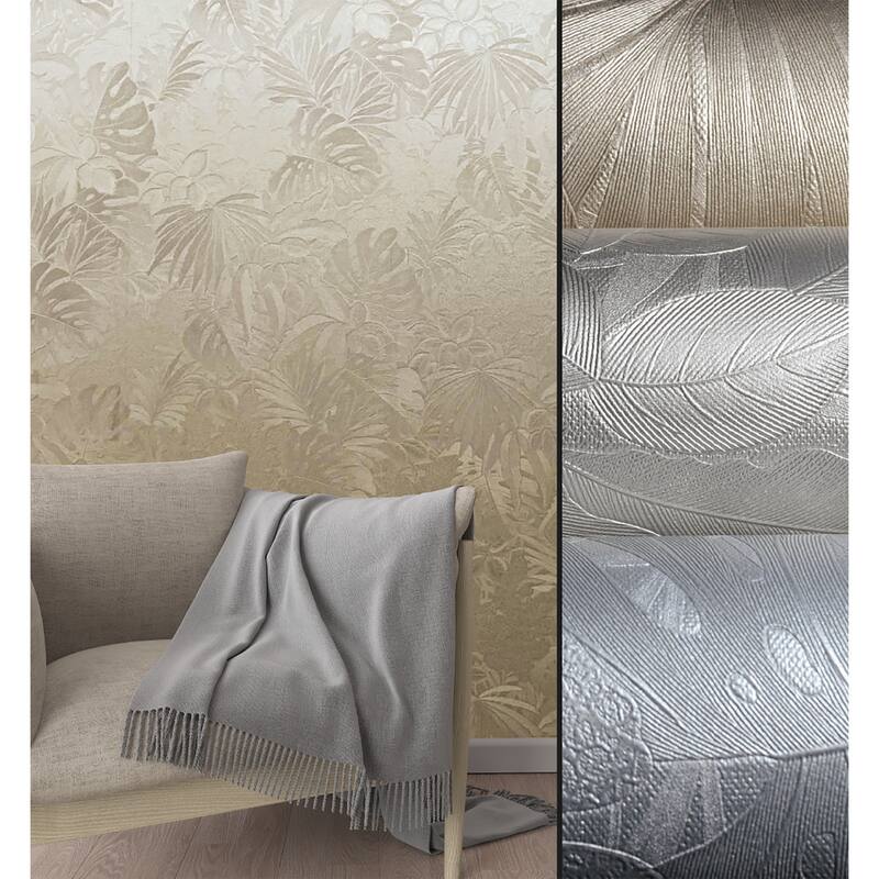 Galerie Wallcoverings Eden Collection Metallic Jungle Leaves Vinyl on Non-Woven Wallpaper Roll