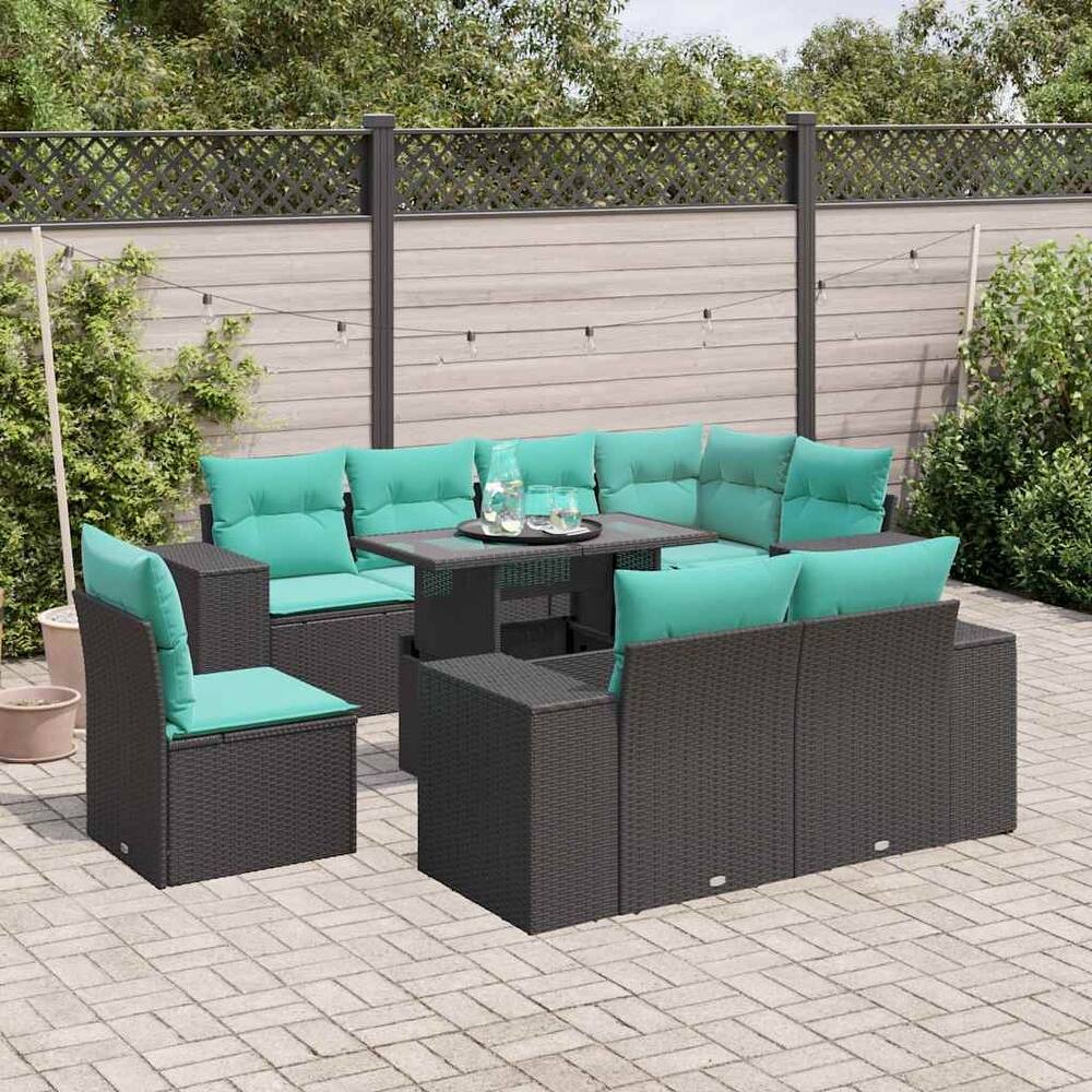 vidaXL Patio Sofa Set with Cushions Table and Couches 9 Piece Poly Rattan