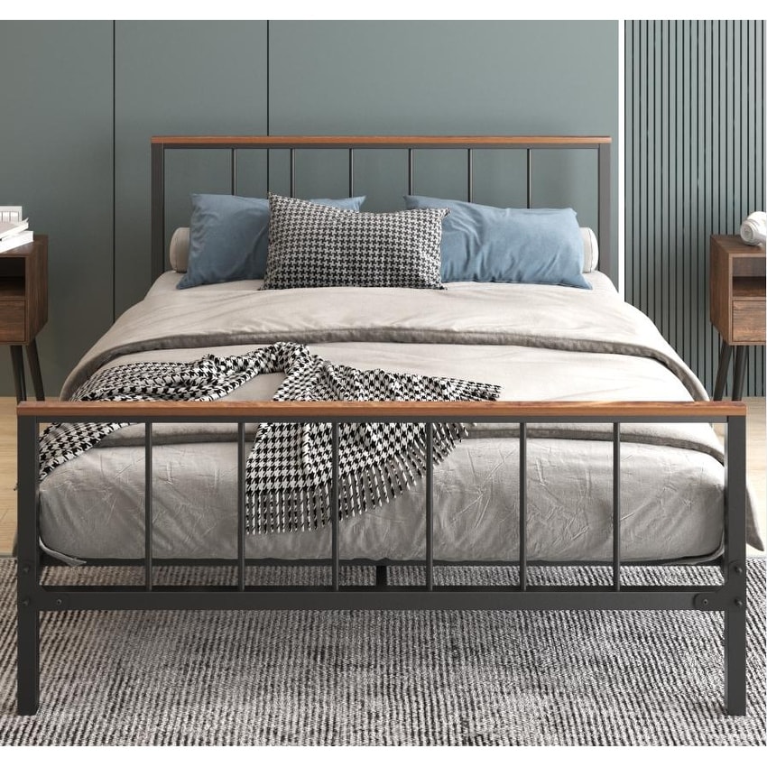 Black Metal Full Size Platform Bed Frame with Headboard and Footboard, Sturdy Construction, No Box Spring Needed, Queen