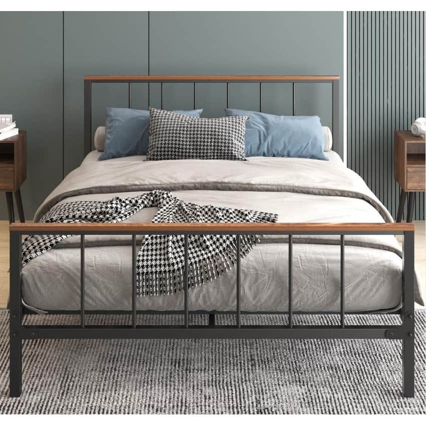 Full/Queen Size Metal Bed Frame with Wave Wooden Headboard and Footboard, No Box Spring