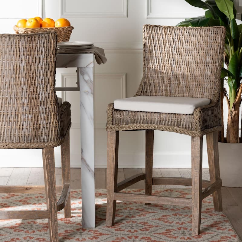 Derris Natural Rattan Counter Stool with Cushion - Tall Wingback Stool with Mango Wood Frame, Boho Coastal Style Seating