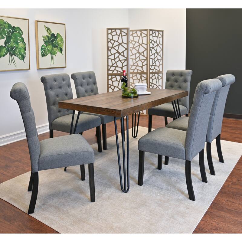 7 Piece Dining Table Set for 6, Kitchen Metal Table Cushion Chairs Set with 6 High Back Button-Tufted Chairs, for Apartment - Brown