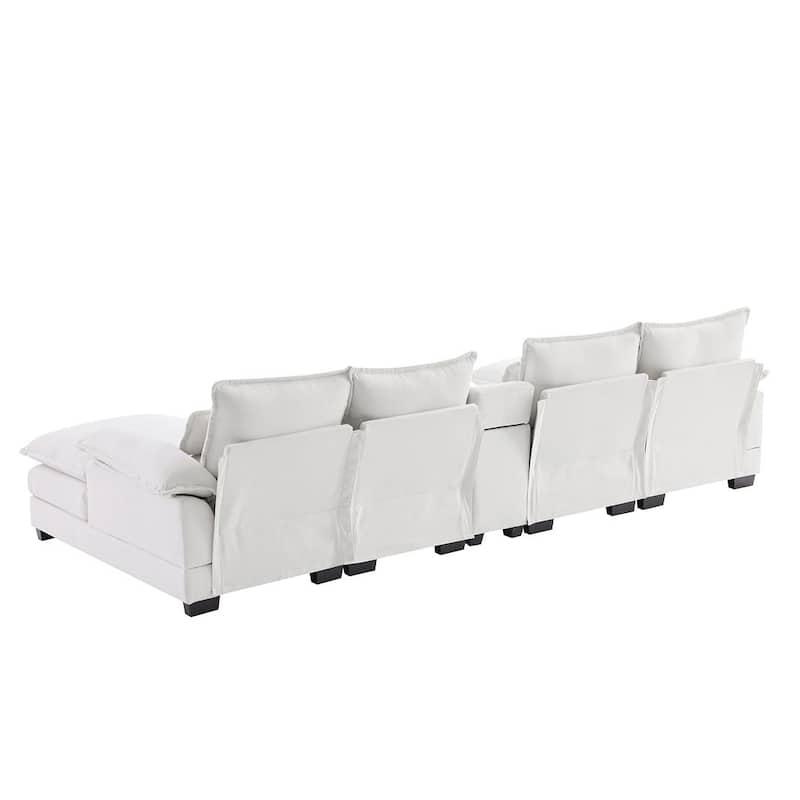 123"W modern u-shaped living room upholstered sofa with console, cup holders and USB ports