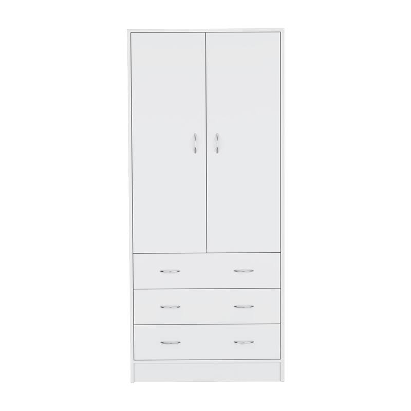 19" Modern Double-door Armoire with Integrated Hanging Rod and Storage Drawers - White