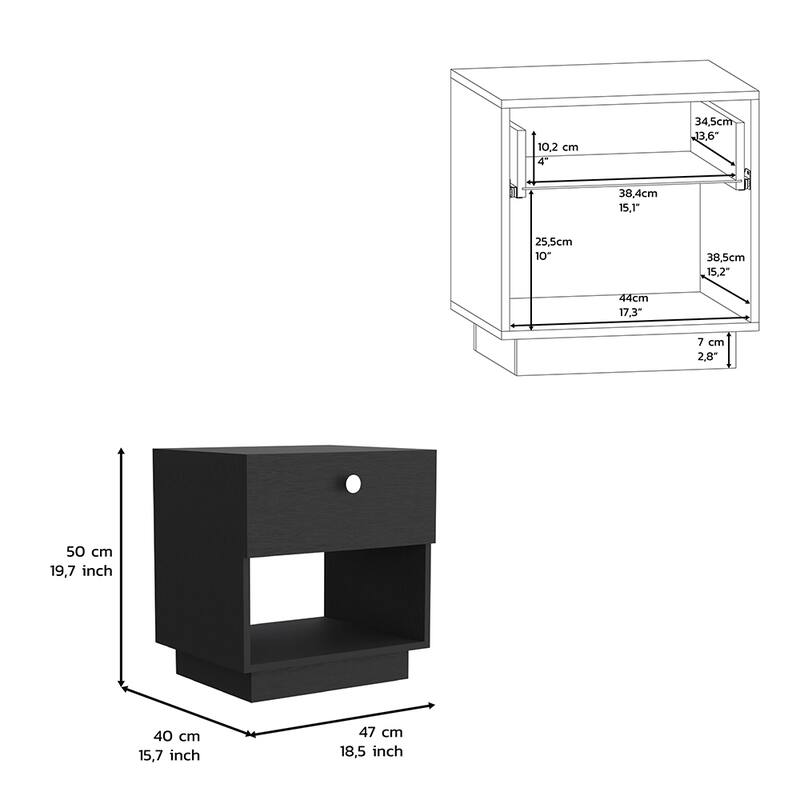 Black Nightstand with Drawer and Large Open Shelf, 19"H, Ideal for Bedroom or Living Room