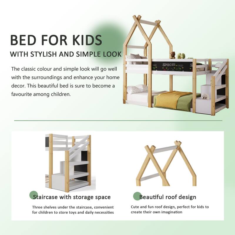 Twin over Twin House Bunk Bed with White Storage Staircase, Blackboards