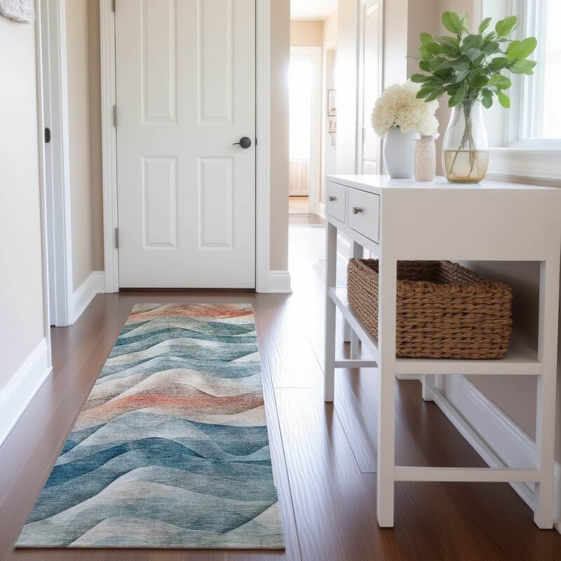 Premium Washable Super Soft Modern Waves Mayfield Rug - Teal - 2'3" x 7'6"