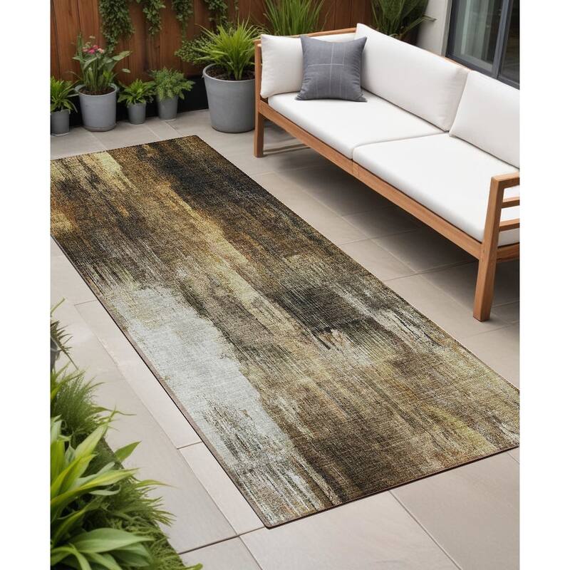 Alrive Contemporary Abstract Weather Resistant Classic Meets Modern Outdoor Rug - 8' Runner - Chocolate