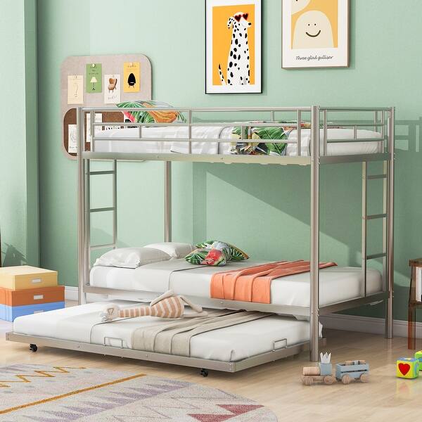 slide 2 of 8, Silver Twin Over Twin Metal Bunk Bed with Trundle, Ladders, Easy Assembly