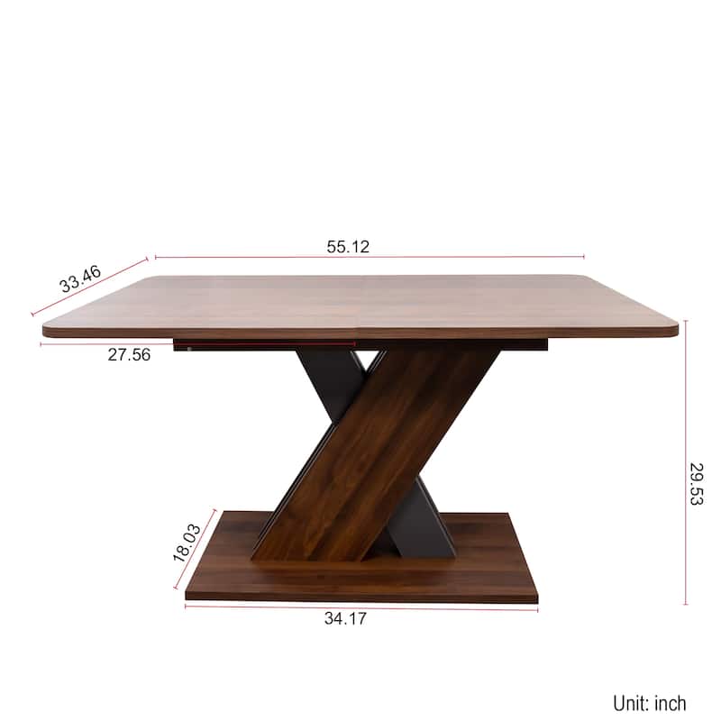 Extendable Dining Table Staggered X Base Particle Board Modern Design - Walnut