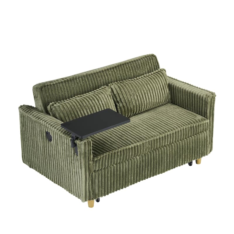 Anmytek Green Corduroy Multi-Functional Sliding Sofa with Mobile Tabletop USB Ports for Living Room Bedroom