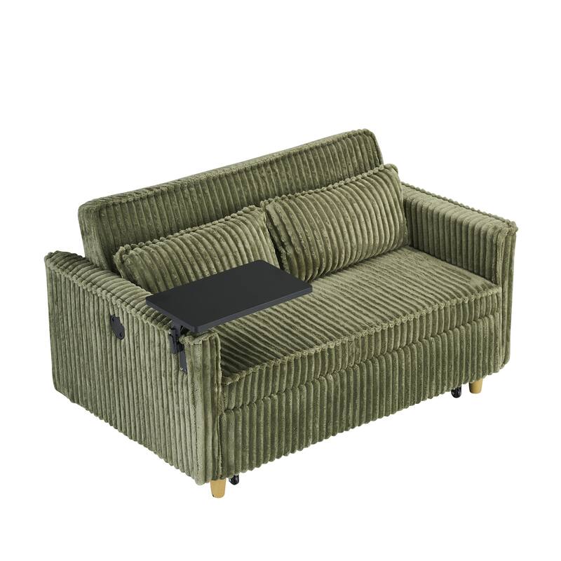 The pull-out and push-in green corduroy sofa with dual functions,equipped with a movable tabletop and USB ports