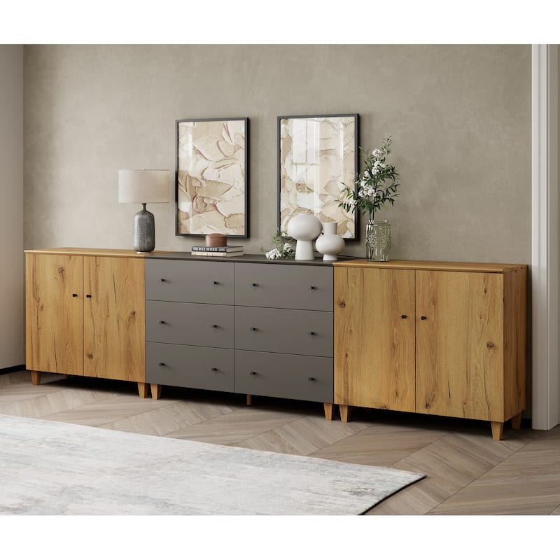 Wood Dresser with 6 Drawers and 2 Cabinets for Bedroom, 118" Wide - Oak Brown&Dark Gray