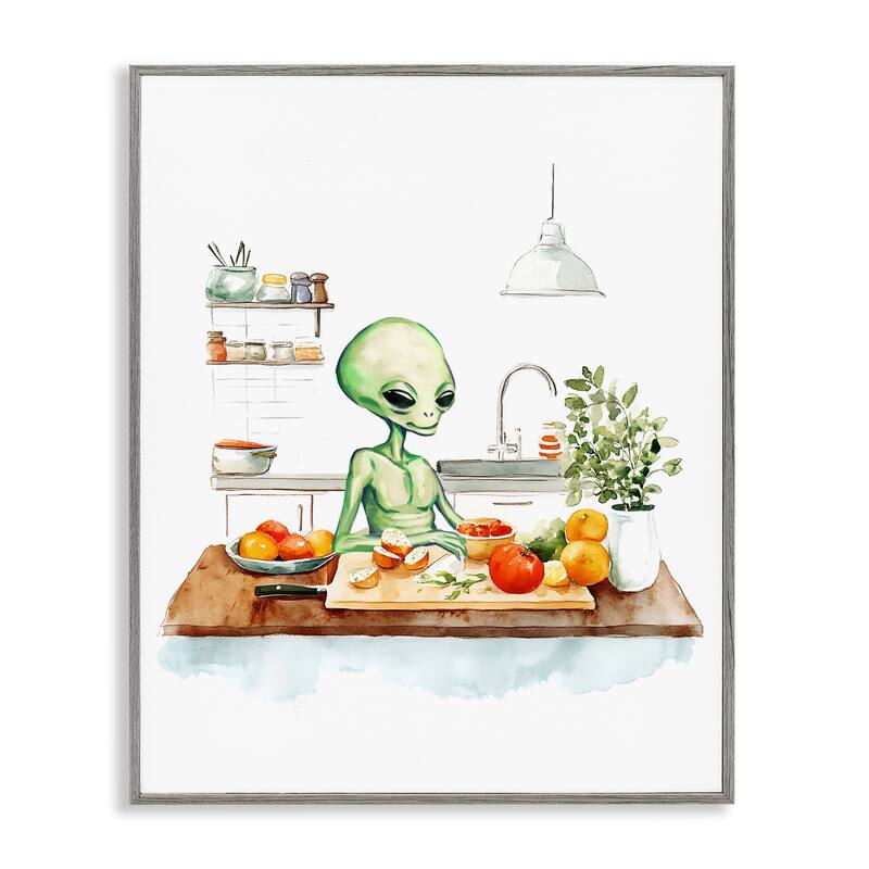 Stupell Alien Cooking in Kitchen Framed Giclee Art Design By Lil' Rue - 24 x 30 - Grey