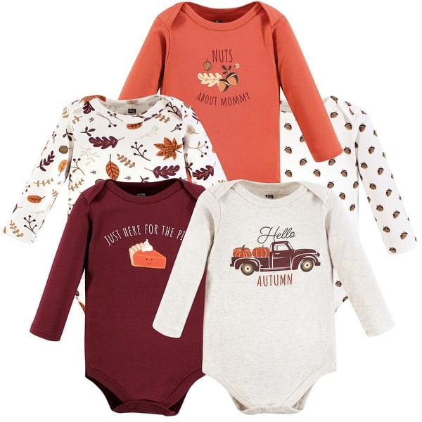 slide 1 of 1, Hudson Baby Unisex Baby Cotton Long-Sleeve Bodysuits, Hello Autumn 0-3 Months - Hello Autumn 5-Pack