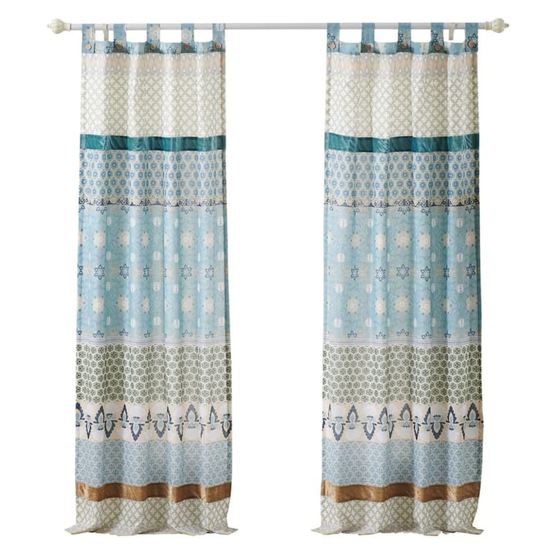 Ello 2 Panel Curtain Panel Set, Cotton White and Blue Geometric Print