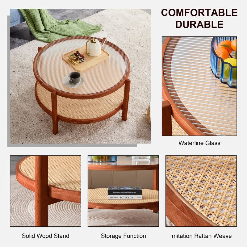 Round Double-Layer Tea Table with Solid Wood Frame, Glass Top & PE Rattan Weaving, Small Side Table for Living Room