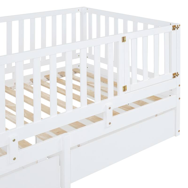 Twin Size Wood Daybed with Guardrails and Drawers, Convertible to Floor Bed, White