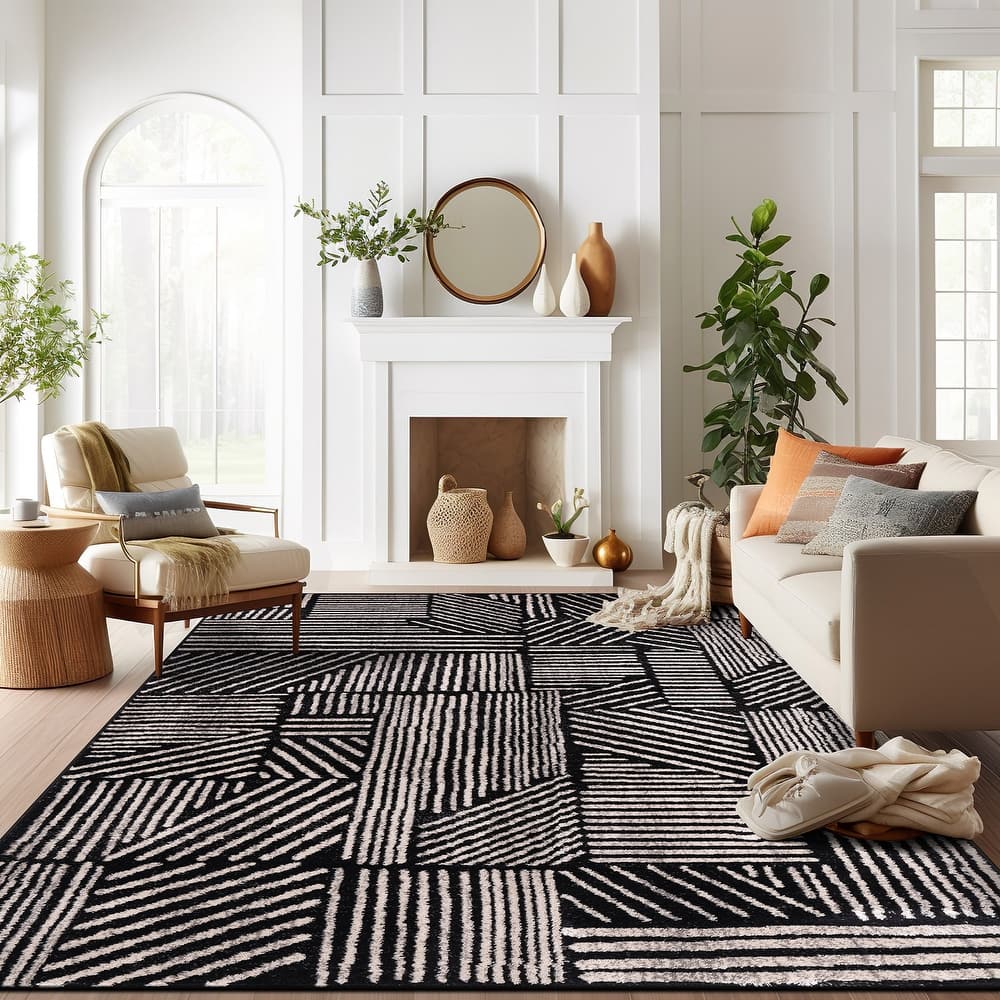 World Rug Gallery Contemporary Boho Stripes Black Area Rug