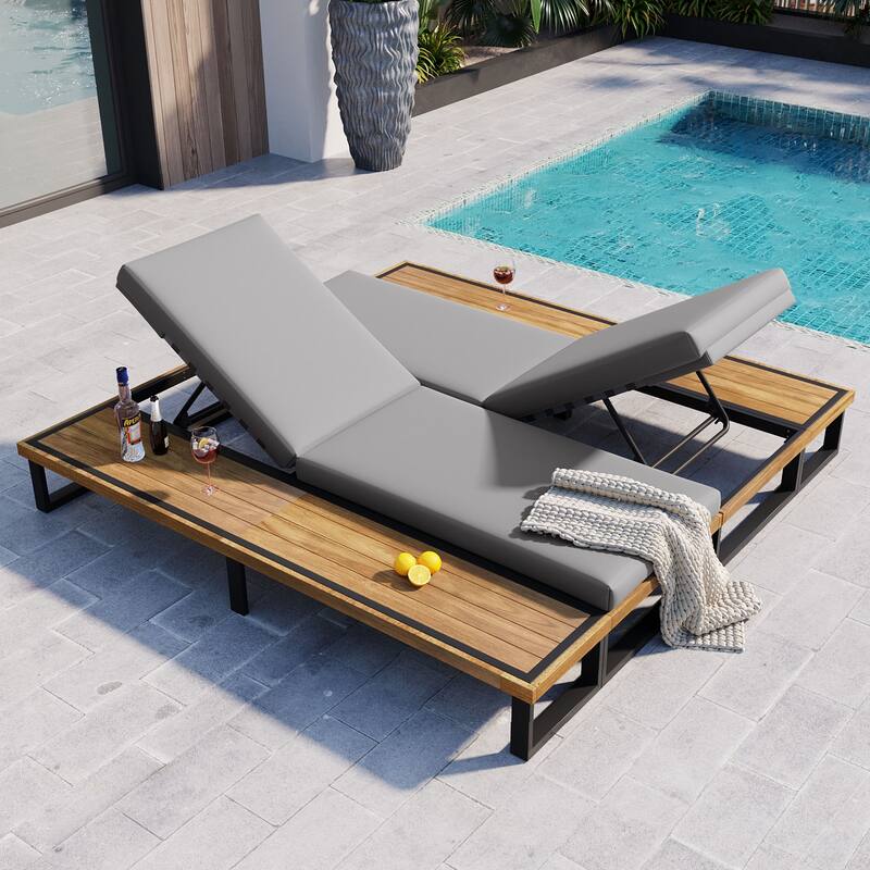 Outdoor Lounge Chair Set of 2 with 5 Position Adjustable Backrest, Iron Patio Loungers Recliners with Wood Side Table