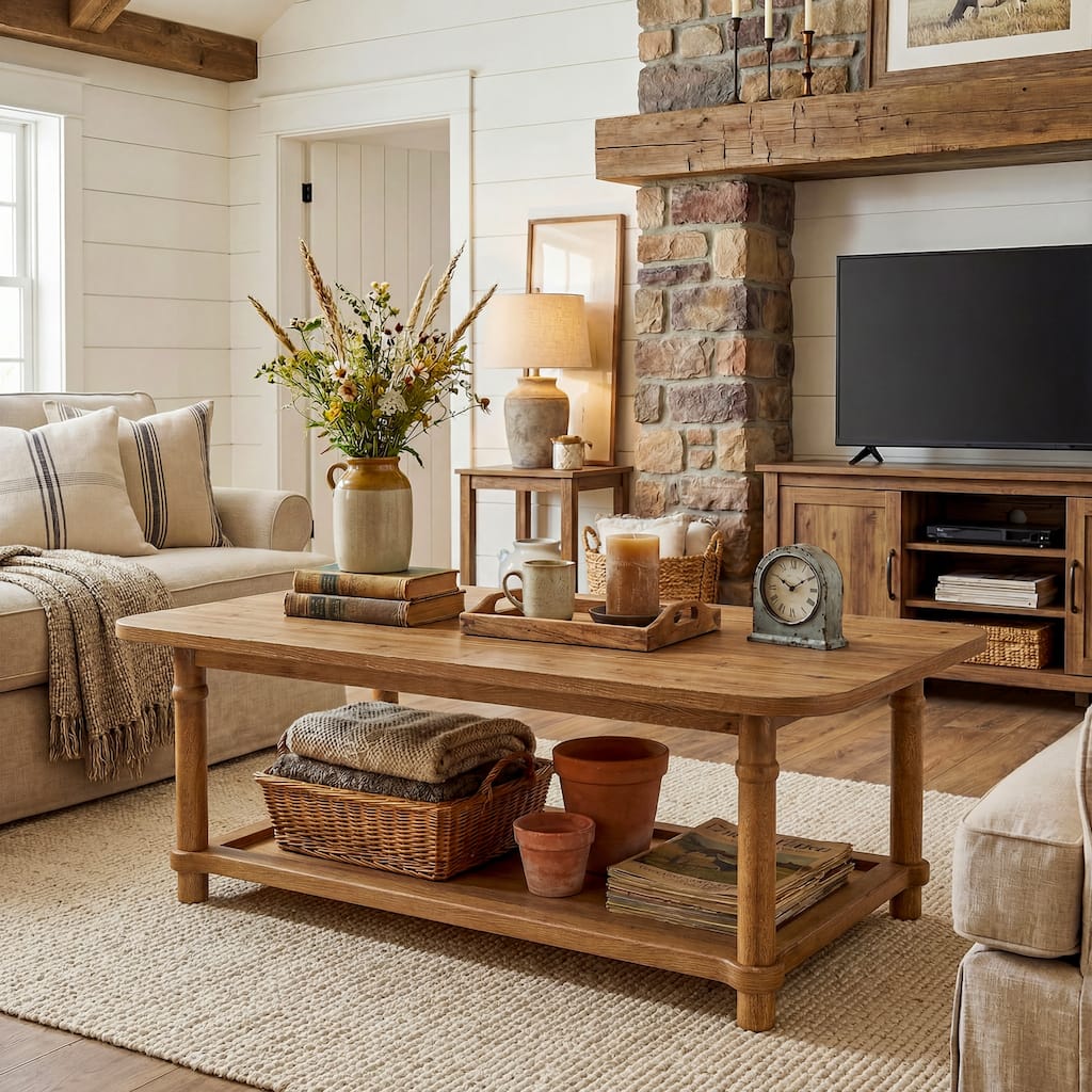 47" Rectangle Coffee Table with Storage Shlef, Solid Wood, Turned Leg