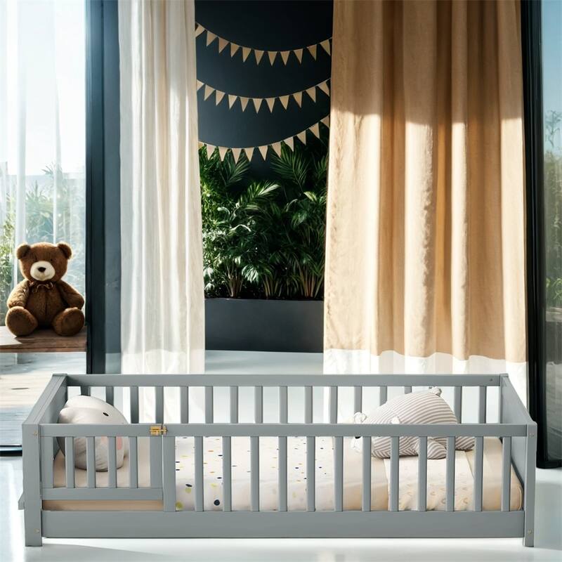 Twin Size Wood Platform Bed with Built-in Book Storage Rack and Door