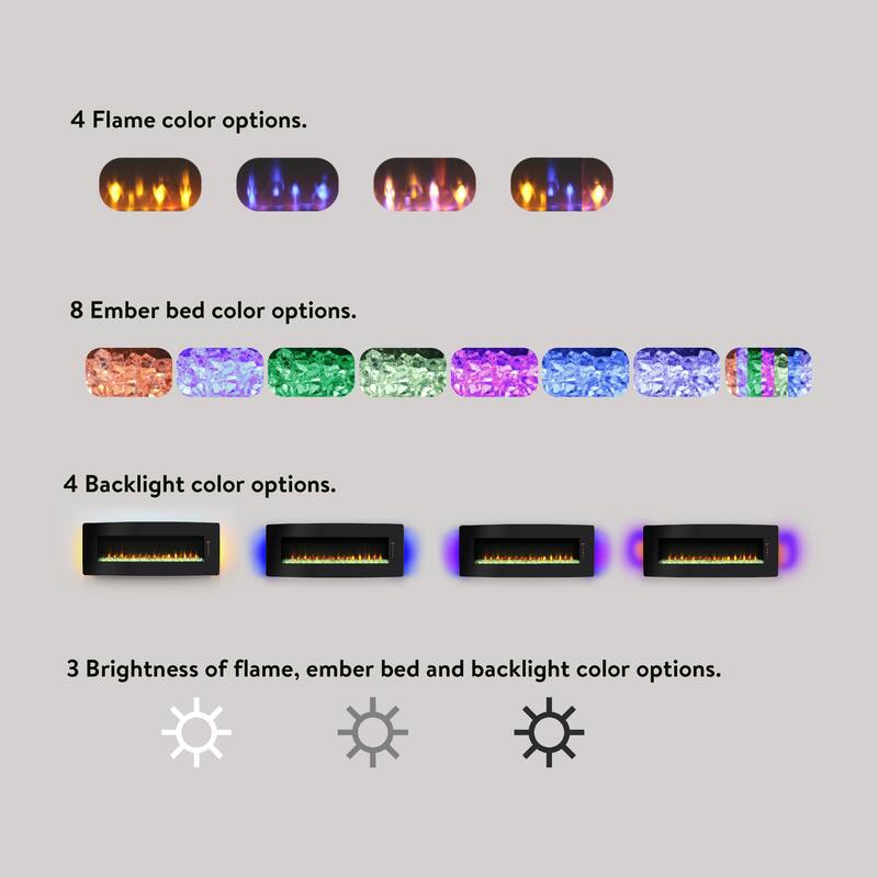 48" Curved Electric Fireplace Wall Mounted or Tabletop, Remote, Multi-Color Flames, Adjustable Heat and Backlight