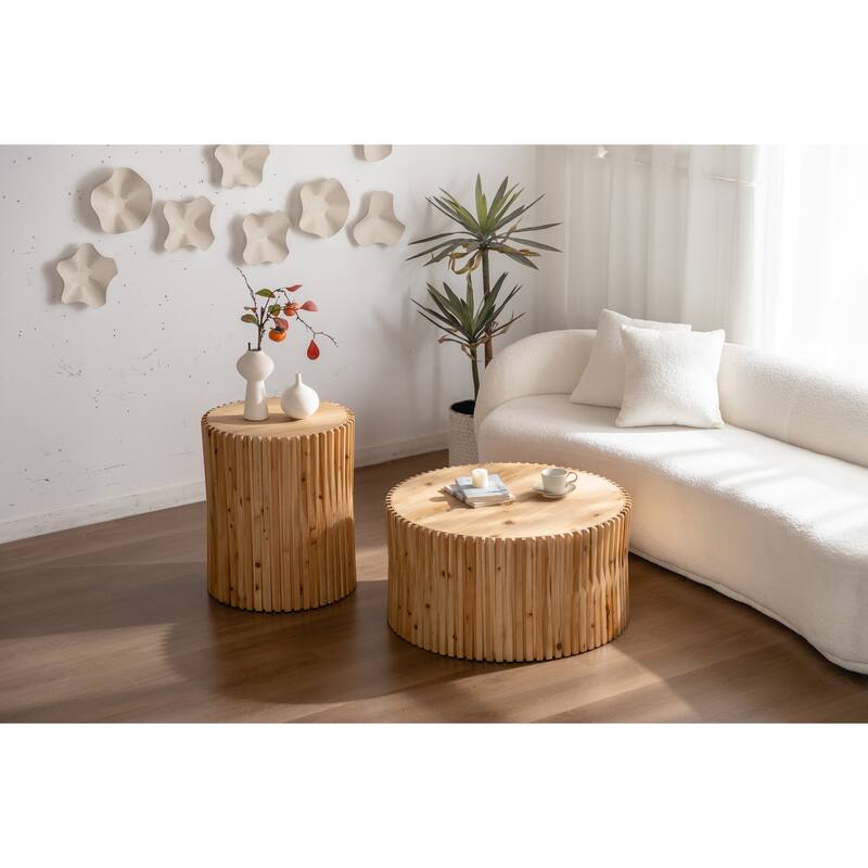 Retro Fashion Style Cylindrical Coffee Table with Vertical Texture Relief Design,Suitable for Living Room,Office(Set of 2)