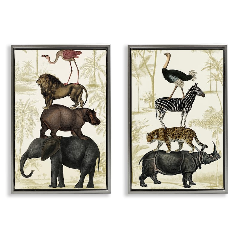 Stupell Stacked Safari Animals Framed Floater Canvas Wall Art Design By Victoria Barnes (Set of 2) - 21 x 31 - Grey