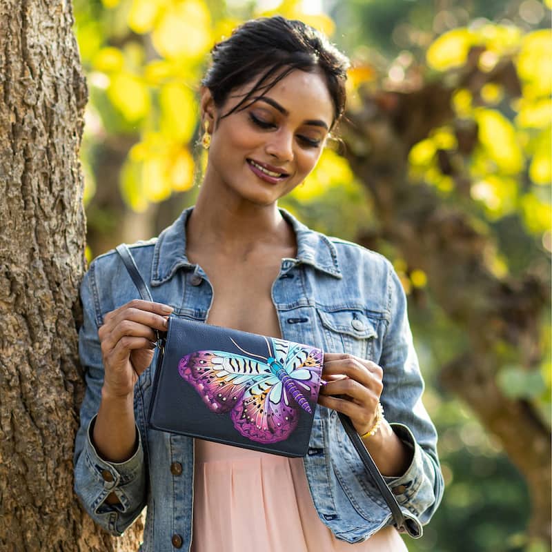 Handpainted Leather Ladies Two Fold Wallet On a String - Magical Wings Navy - Navy Blue