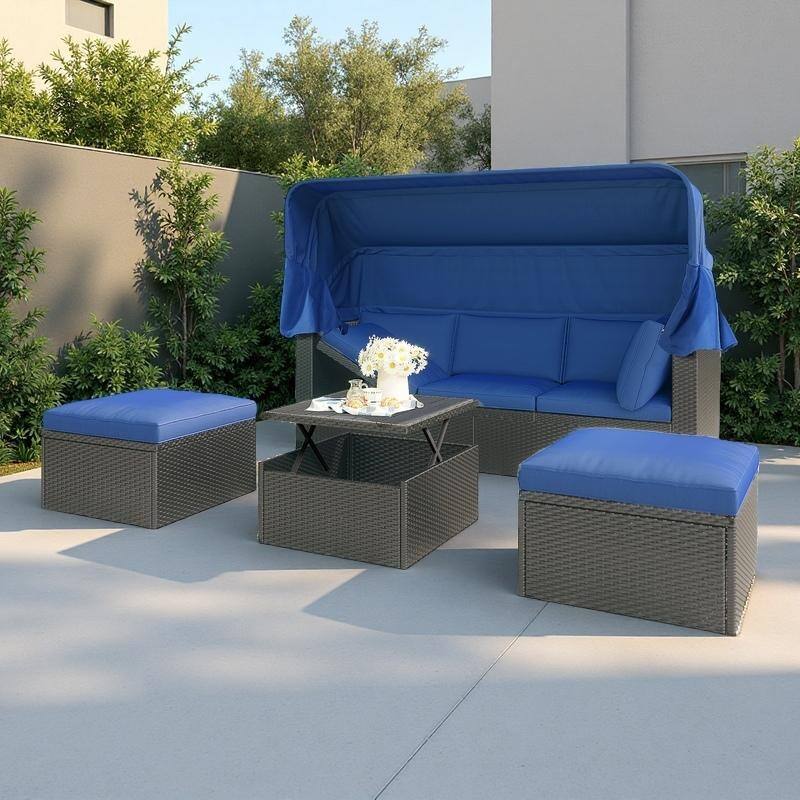 4-Pieces Outdoor Patio Rattan Daybed Sunbed Set with Retractable Canopy, Lift Table, and Adjustable Seat - Blue