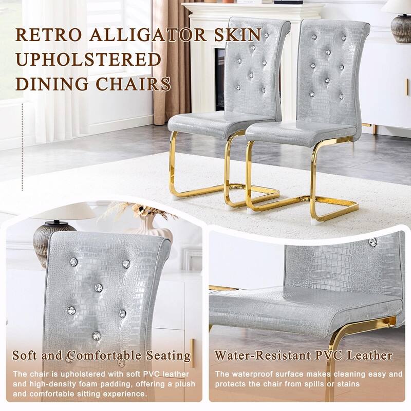 Set of 2 Retro Alligator Skin Upholstered Dining Chairs with Crystal Buckle Design & Faux Leather