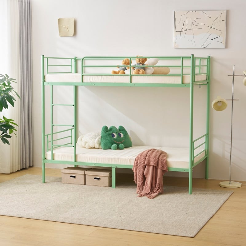 Iron Bed Bunk Bed with Ladder for Kids Twin Size White