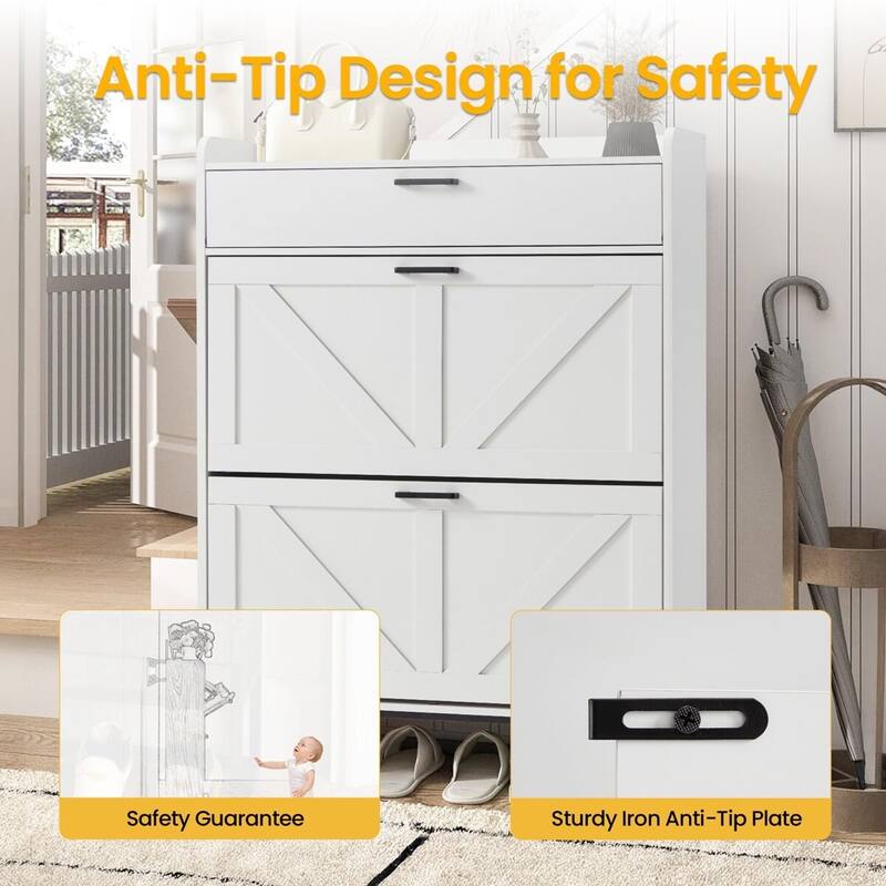 AVAWING Freestanding Farmhouse Shoe Cabinet - 2 Flip Drawers & Adjustable Shelves, Entryway Slim Storage with Side Hooks.