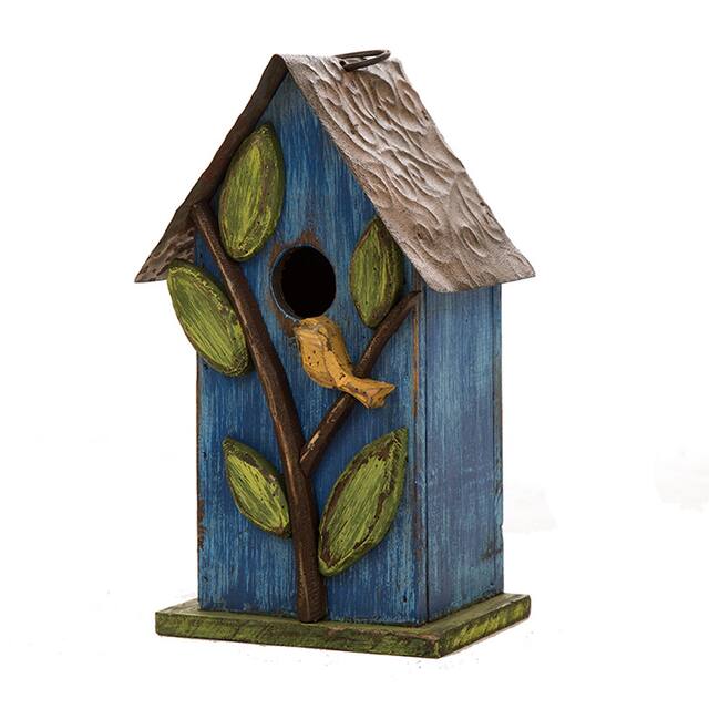 Glitzhome 10"H Multicolor Cute Distressed Solid Wood Birdhouse - Green/Blue