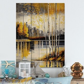 Designart 'Grey And Yellow Birch Trees By The Lake I' Landscape Lake ...