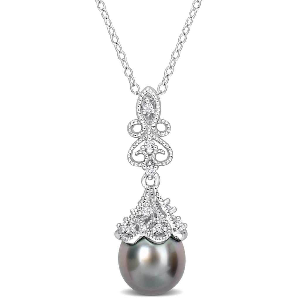 Miadora 8-8.5mm Black Tahitian Cultured Pearl 1/8ct TGW White Topaz Pendant Sterling Silver